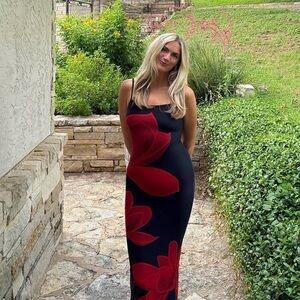 Chic Black Maxi Dress with Red Floral Design